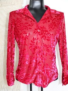 I.N.C Petite Small Red Velvet Button-Up shear Blouse 3/4 sleeve  Y2K